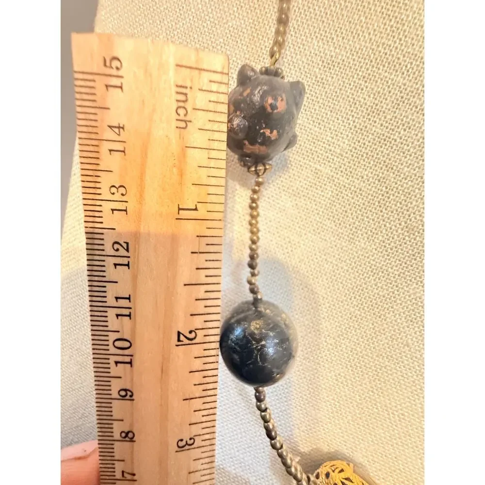 Vintage 40” Black Beaded Statement Necklace Gold Tone Accents
